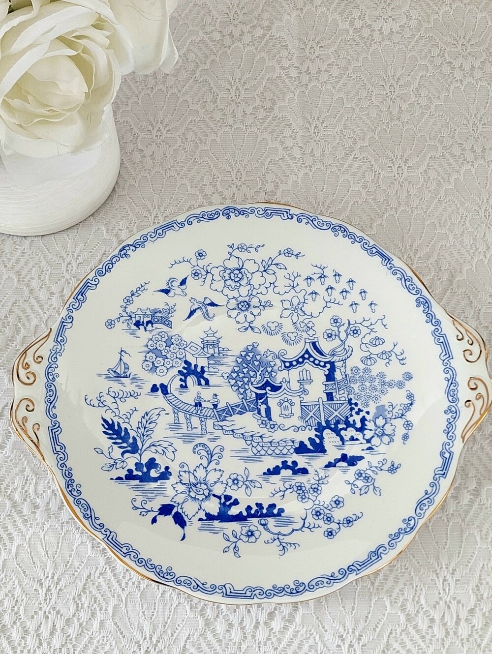 Authentic Royal Albert Mikado Blue & White Tab Handled Cake Plate- 10"